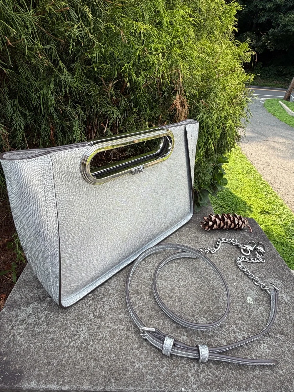 Michael Kors Silver Metallic Leather Cutout-Handle Crossbody Clutch